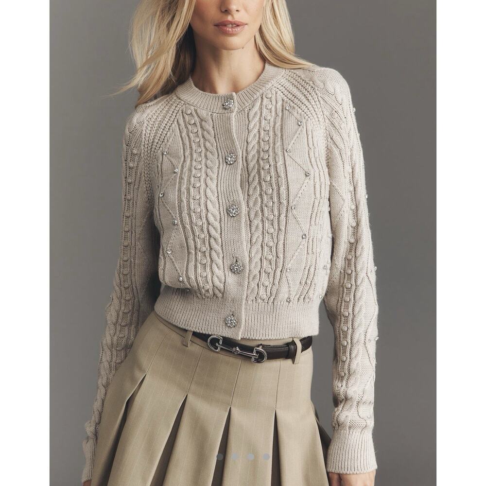 NWT Maeve Gem Embellished Crystal Cable knit Knit Cardigan Sweater Tan Grey M